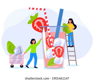 Refreshing drink with ice orange, blackberry and blueberry Summer vector illustration Hot season elements flat tiny persons concept Glass with Strawberry ice cubes in juice water