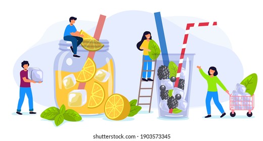 Refreshing drink with ice orange, blackberry and blueberry Summer vector illustration Hot season elements flat tiny persons concept Glass with straw, fruits, ice cubes in juice water