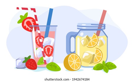 Refreshing drink with ice orange and strawberry Summer vector illustration Hot season elements concept Glass with strawberries and orange Ice cubes in juice water