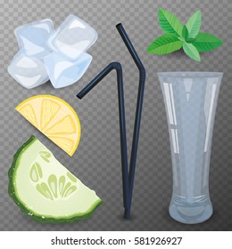 Refreshing drink ingredients with cucumber, lemon and mint vector illustration.