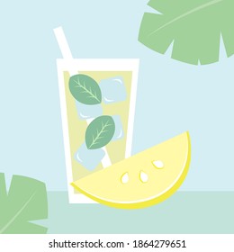 Refreshing drink. Lemon slice and a glass of lemonade. ice cubes in a glass. Hot summer concept. Tropical plant leaves. Fresh lemonade. Cold drink. Soft colors. Light colors. Pastel shades. Eps10