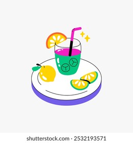 Refreshing Drink With Lemon Slices In Flat Vector Illustration Symbolizing Summer Beverages, Fresh Drinks, And Leisure, Isolated On White Background.