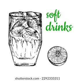 Refreshing drink with lime slices and ice. Lemonade in a glass. Vector illustration . Hand drawing. Black and white sketch isolated on white background. For bars, cafes, menus, labels and healthy drin