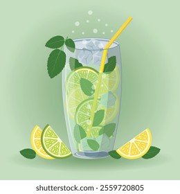 Refreshing drink Mojito with lemon, lime, mint and ice