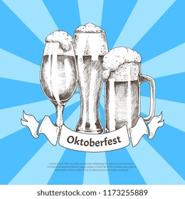 Refreshing drink in various glasses with decorative ribbon. Traditional Oktoberfest beer with foam. Handdrawn vector illustration on radiant backdrop.