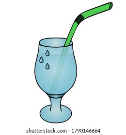 Bebida refrescante en una copa de vino. Las gotas de agua fluyen por el cristal. Beber paja. Ilustración vectorial coloreada. Fondo blanco aislado. Estilo de caricatura. Bebida carbonatada. Un aperitivo ligero. 