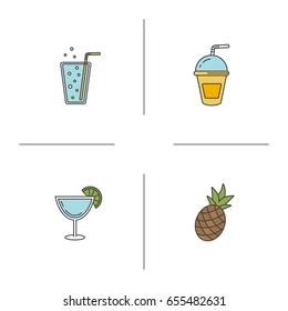 Refreshing drinks color icons set. Lemonade, cocktails, pineapple. Isolated vector illustrations