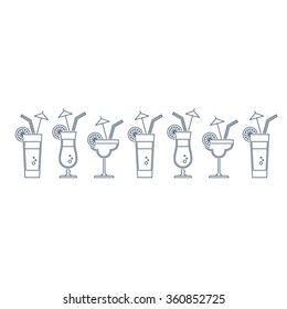 Refreshing drinks, different cocktails, fresh juice, bar menu, vector linear illustration