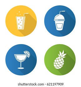 Refreshing drinks flat design long shadow icons set. Lemonade, cocktails, pineapple. Vector silhouette illustration