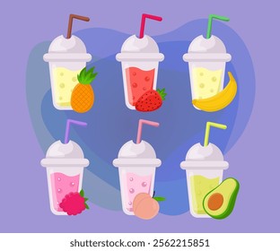 Refreshing drinks with fruit flavors vector illustrations set. Collection of cartoon drawings of plastic cups with juice or lemonade and fruits on abstract background. Fruit, refreshment, summer conce