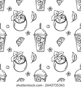 Refreshing drinks, lemonades seamless print