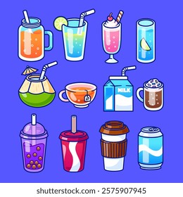 Refreshing Drinks Set Cartoon Vector Icon Illustration. Drink 
Object Icon Concept Isolated Premium Vector. Flat Cartoon 
Style 