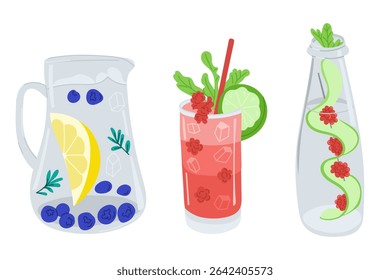 Refreshing drinks in various glassware with fruits, berries, herbs and ice, hand drawn vector style. Concept reflects summer hydration, healthy lifestyle and homemade beverages