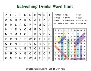 Refreshing Drinks Word Hunt puzzle with solutions. Includes words like water, tea, juice, soda, milk, lemonade, coffee, and smoothie.