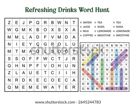 Refreshing Drinks Word Hunt puzzle with solutions. Includes words like water, tea, juice, soda, milk, lemonade, coffee, and smoothie.