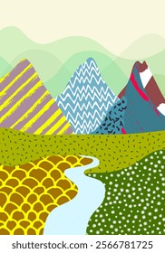 A refreshing experience offered by nature. A stream flowing in the distance, rising mountains in the background and blue sky complete this scene.