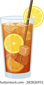 A refreshing flat vector illustration of a tall glass of iced lemon tea filled with ice cubes, citrus slices, and a straw. Ideal design element for restaurant menus, summer beverage banners, cafe logos, drink recipes, and food packaging.