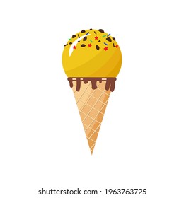 Refreshing fruit ice cream with chocolate sprinkles. Vector illustration. Colorful ice cream ball in pastel colors. Delicious frozen dessert. Refreshing frozen dessert. 