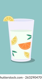 Refreshing Fruit Water: Lemon, Orange, Mint Vector. A cool glass of water with lemon and orange slices plus mint leaves, isolated on a teal background
