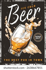 A refreshing glass of beer sits on a rustic pub table. The golden liquid is splashing showcasing a lively atmosphere perfect for socializing with friends and enjoying quality drinks.