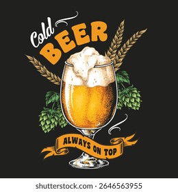 A refreshing glass of cold beer is elegantly presented surrounded by hops and barley. The vibe is casual and inviting perfect for relaxing with friends.