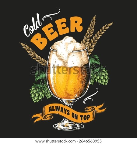 A refreshing glass of cold beer is elegantly presented surrounded by hops and barley. The vibe is casual and inviting perfect for relaxing with friends.