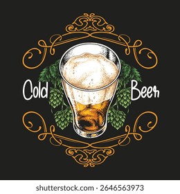 A refreshing glass of cold beer features foamy bubbles at the top. The glass is artistically framed with hop leaves and elegant decorations emphasizing a brewery theme.