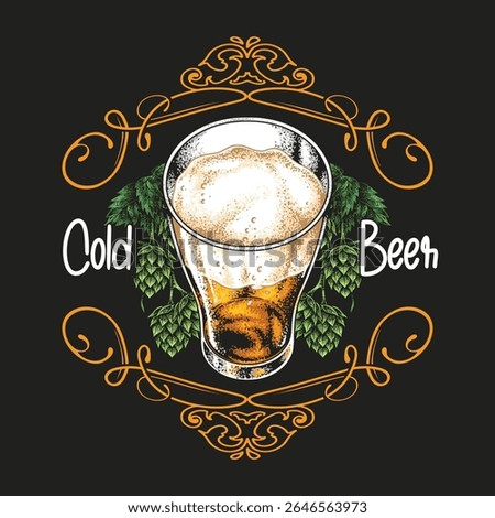 A refreshing glass of cold beer features foamy bubbles at the top. The glass is artistically framed with hop leaves and elegant decorations emphasizing a brewery theme.