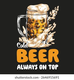 A refreshing glass of cold beer is splashing with bubbles against a dark backdrop. This lively scene captures the joy of socializing and relaxation on a warm sunny day.