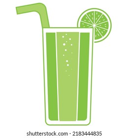 Refreshing glass of a green drink with green slice f lime and a straw  vector illustration on a white background.