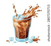 A refreshing glass of iced coffee with a straw and dynamic liquid splash on a white background.