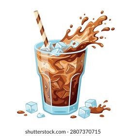 A refreshing glass of iced coffee with a straw and dynamic liquid splash on a white background.