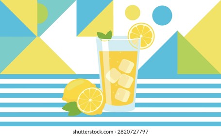 Refreshing glass of iced lemonade or tea garnished with lemon slices and mint leaves on a blue striped table background.
