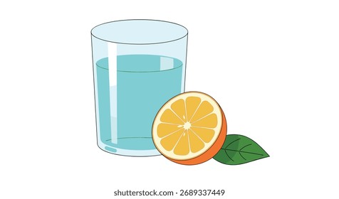 A refreshing glass of water with a slice of orange and a green leaf.