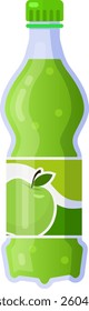 Refreshing green apple soda in plastic bottle with bubbles and green cap with an apple drawn on the label promoting healthy lifestyle and natural ingredients
