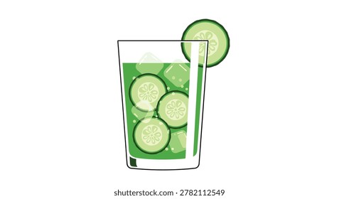Refreshing green cucumber water or mocktail is served in a glass with ice cubes and floating cucumber slices for a cool effect.
