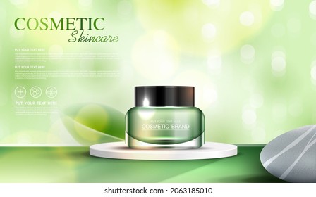 Refreshing Green Tea Cosmetics Or Skin Care Product Ads With Bottle, Banner Ad For Beauty Products, Stone And Flying Leaves On Background Glittering Light Effect. Vector Design.