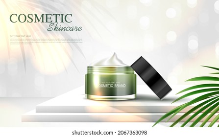 Refreshing Green Tea Cosmetics Or Skin Care Product Ads With Bottle, Banner Ad For Beauty Products, Leaves On Background Glittering Light Effect. Vector Design.