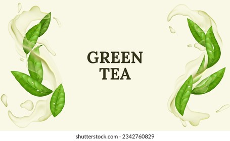 Refreshing green tea leaf in 3D vector illustration. Natural and organic, with a splash of water creating a cool and clean motion. Spearmint aroma and fresh minty flavor.