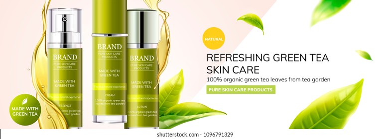 Refreshing green tea skin care products with leaves flying in the air on geometry background