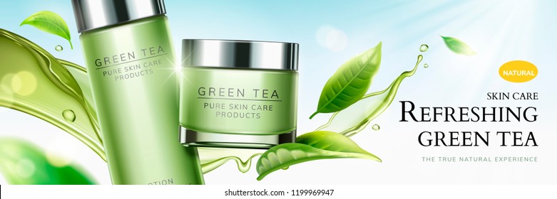 Refreshing Green Tea Skin Care Banner Ads With Flying Leaves And Splashing Liquid In 3d Illustration