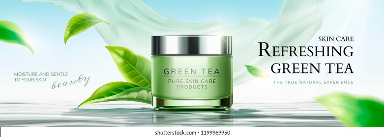 Refreshing green tea skin care banner ads with flying leaves and chiffon element in 3d illustration