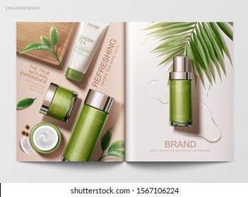 Refreshing green tea skincare product magazine template with flat lay angle in 3d illustration