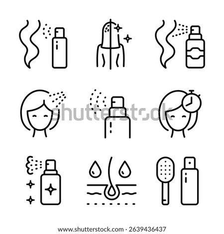 Refreshing Hair Wash Icons Set. Deep Scalp Cleansing and Hydration. Using dry shampoo signs. Woman health hair care symbols. Outline vector sign for web design isolated on white background.