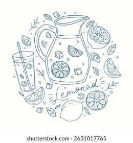 Refreshing hand-drawn lemonade pitcher and glass with lemon slices and ice cubes surrounded by citrus fruits