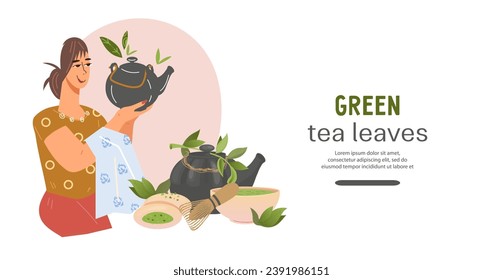 Pancarta de la tienda web de bebidas verdes y matcha refrescante y saludable, ilustración vectorial plana. Página web con mujeres disfrutando de deliciosas opciones de bebidas de té verde.