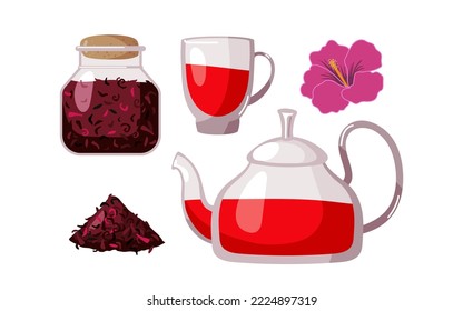 Refreshing hibiscus tea. Glass cup and teapot with tea, dry hibiscus petals, fresh flower. Full dry petal jar closed with cork. Delicious tea-party isolated on white background for party, menu, shop