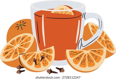 Una refrescante bebida de naranja caliente en una taza transparente rodeada de rodajas de naranja fresca y naranjas enteras con clavos aromáticos.