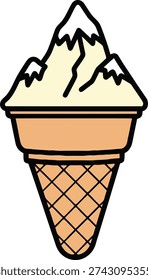 Refreshing Ice Cream Cone with Majestic Snowy Mountains as a Unique Topping, Flat Minimal Vector Illustration