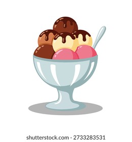 Ein erfrischender Eisbecher mit mehreren Schöpfungen verschiedener Geschmacksrichtungen, mit reichhaltiger Schokoladensauce und einem Löffel.